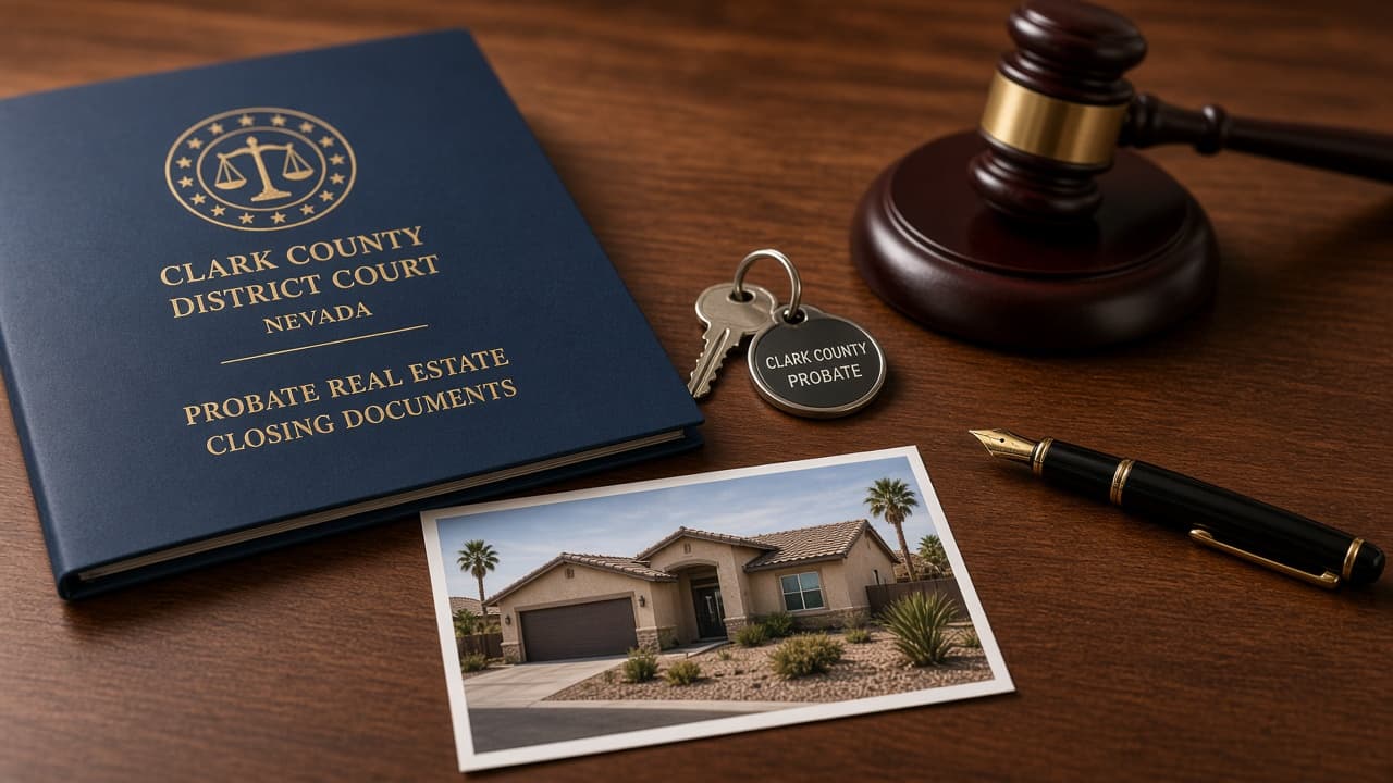 Court-approved probate sale documents, keys, and gavel in Las Vegas
